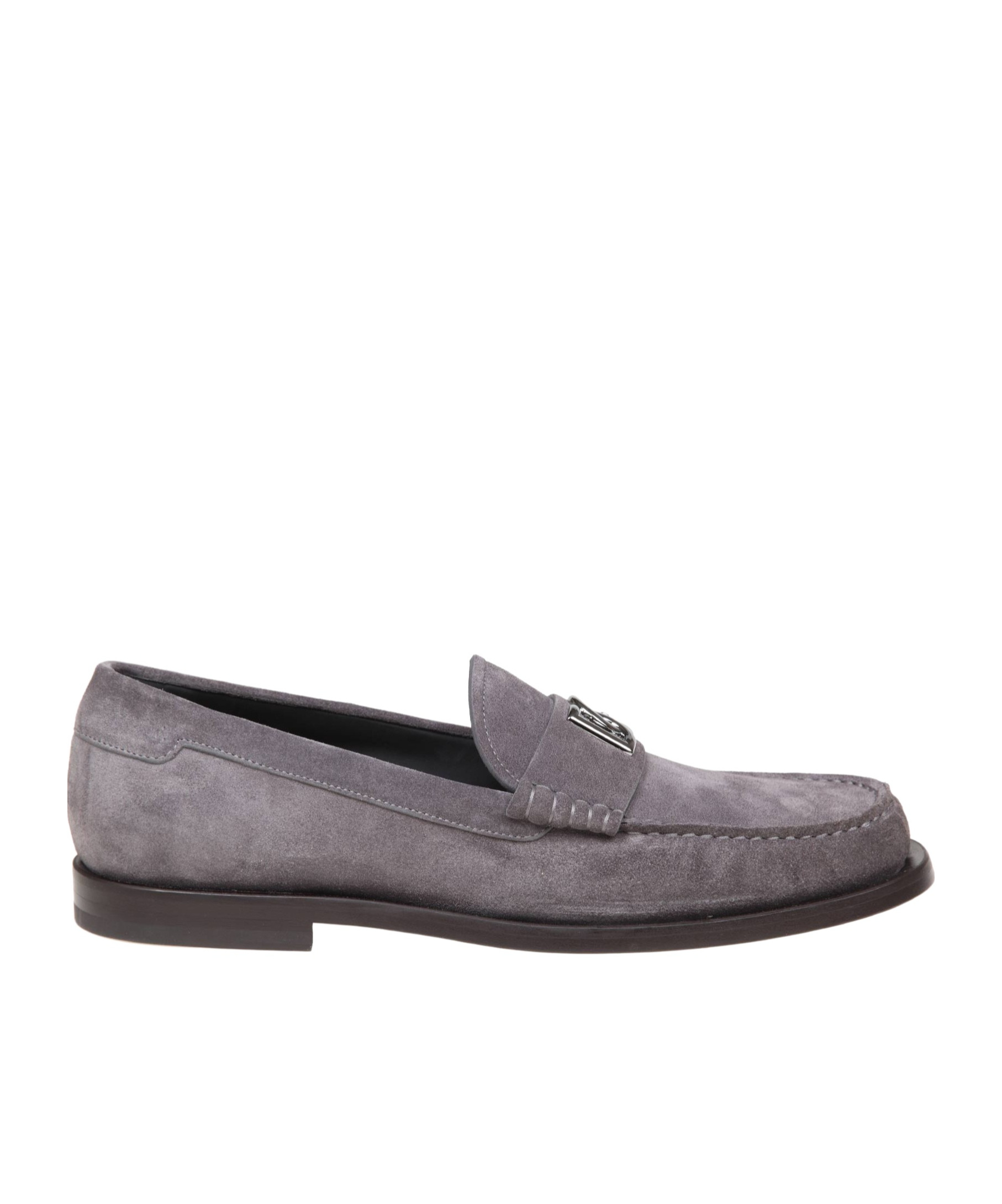 Dolce & Gabbana Suede Loafers With Round Toe And Metal Buckle In Gray