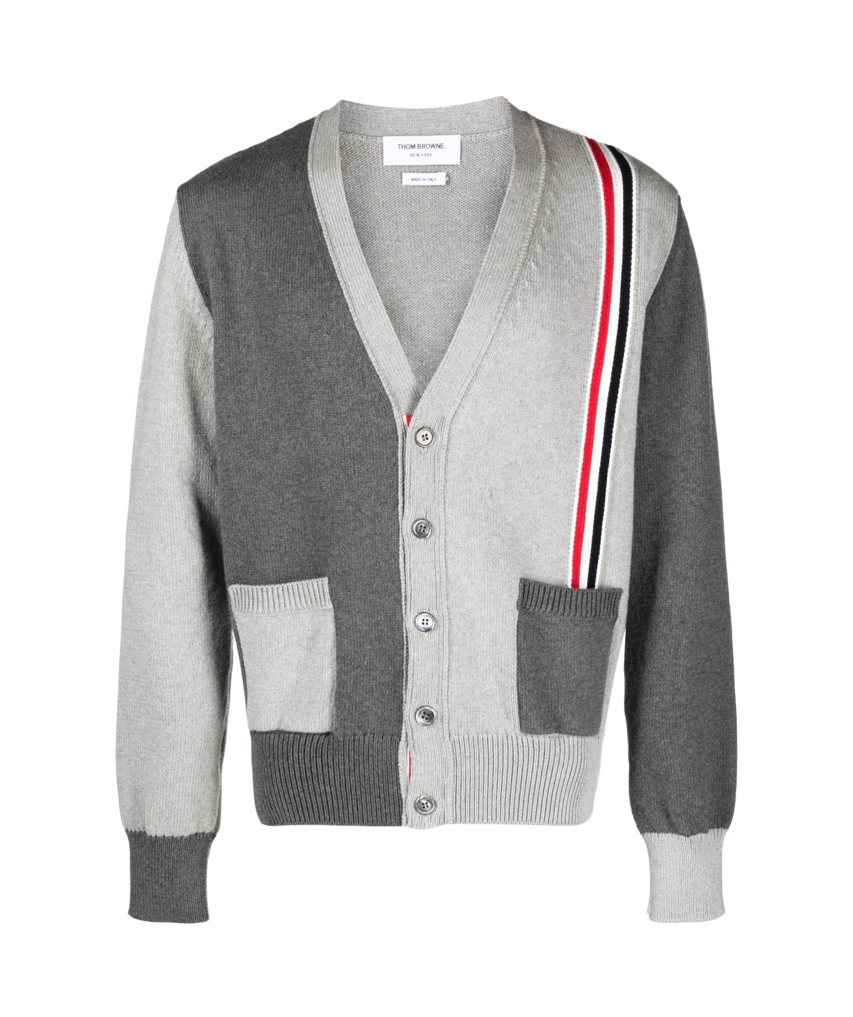 Thom Browne Rwb Stripe Colorblocked Cotton Cardigan In Gray