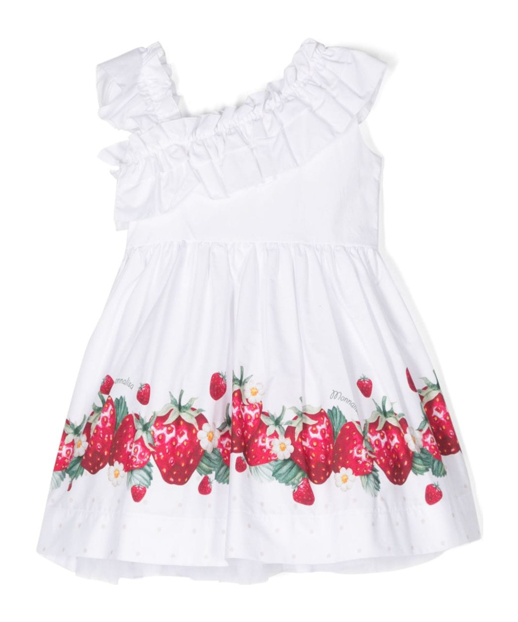 Monnalisa Strawberry-print Ruffled Asymmetric Dress In White