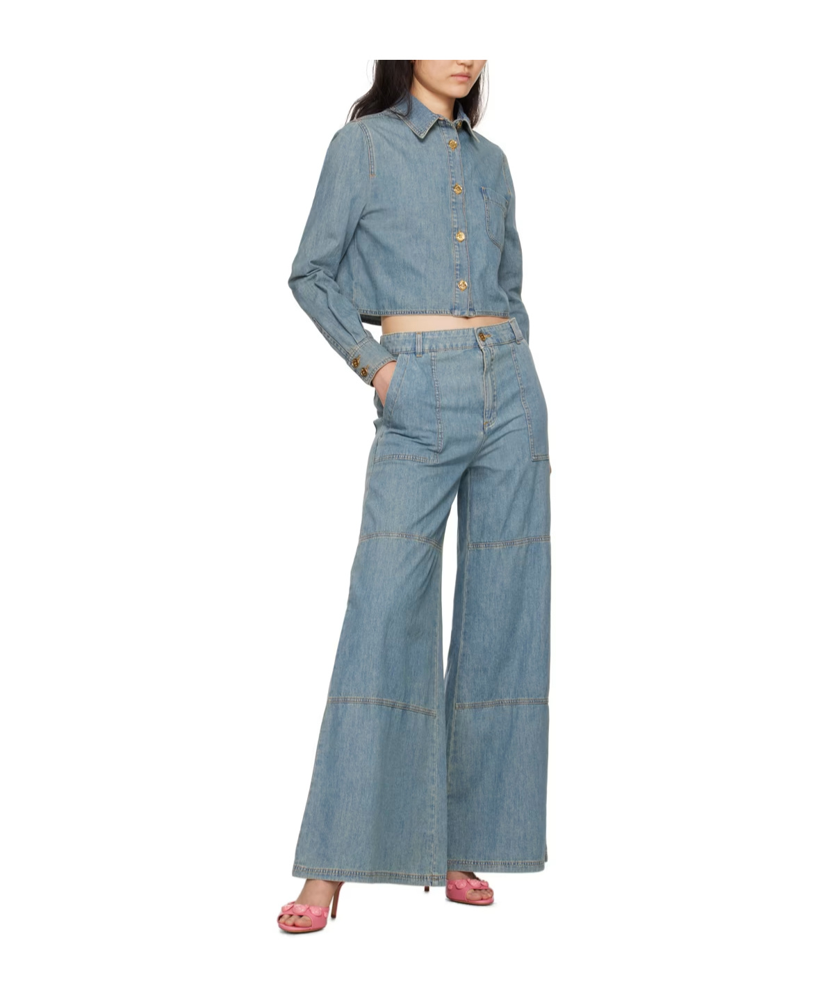 Moschino Wide Leg Sewing Detail Denim Trousers In Gray