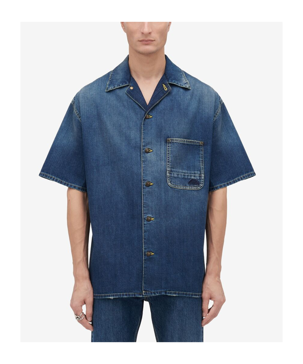 Alexander Mcqueen Blue Denim Effect Short Sleeve Shirt In Cotton Man In Blue