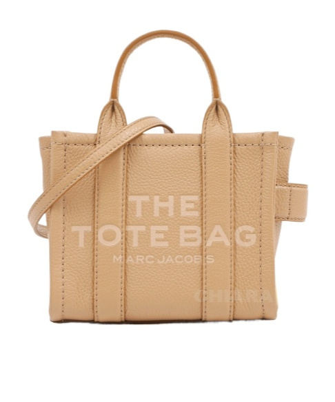Marc Jacobs 'the Mini Tote' Beige Tote Bag With Logo Lettering On The Front In Grained Leather Woman In Nude