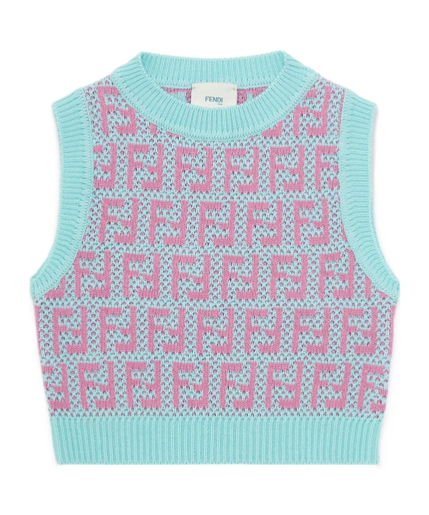 Fendi Light Blue Vest Sweater For Girl With Ff In Blue