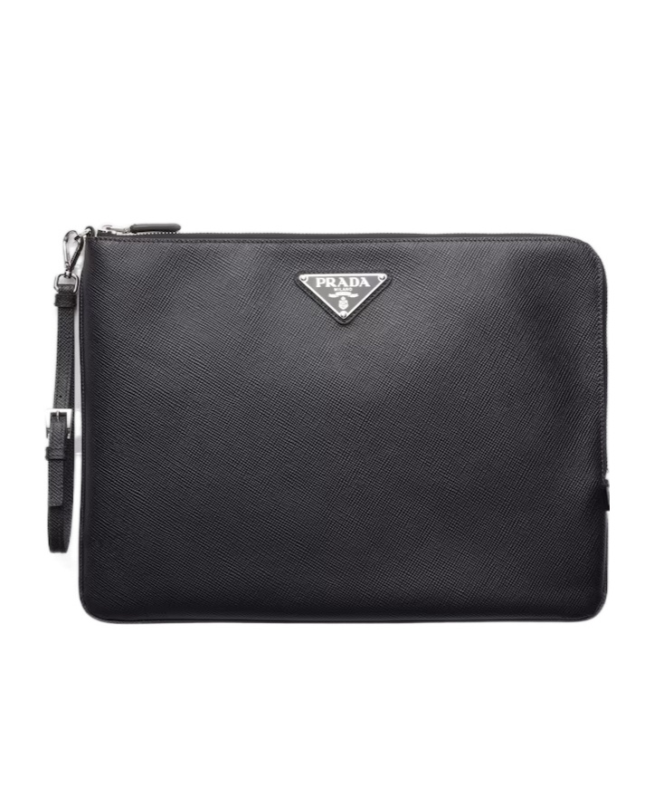 Prada Triangle Logo Leather Clutch Bag In Black