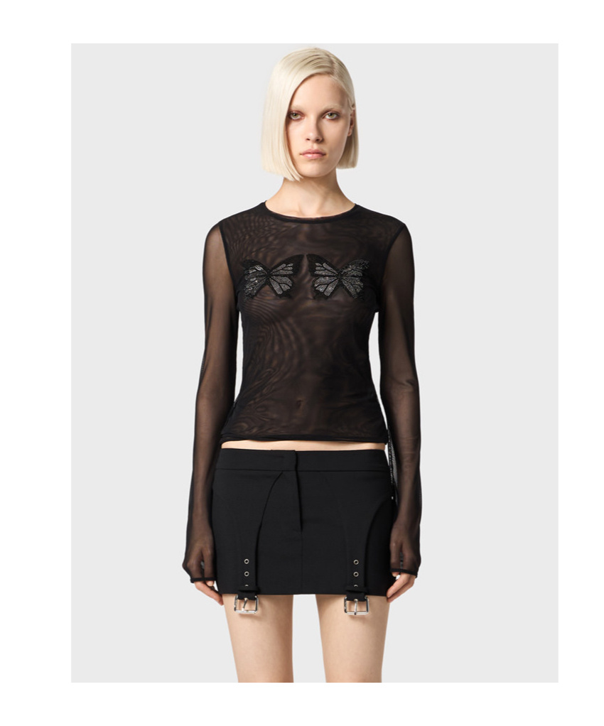 Blumarine Butterfly-embellished Mesh Top In Black