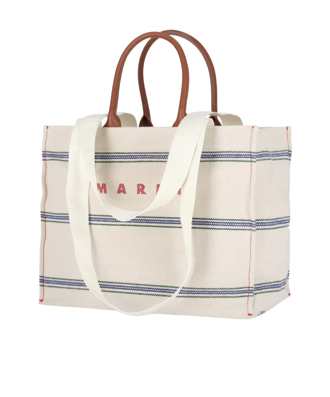 Marni Logo Embroidered Striped Large Tote Bag In White