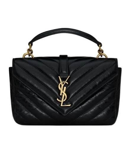 Saint Laurent College Mini Chain Bag In Shiny Crackled Leather In Black