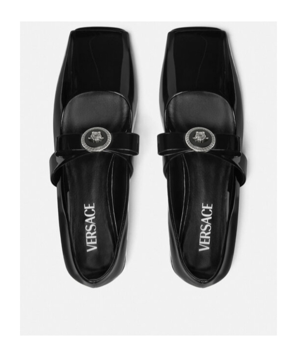 Versace Open-toe Ballet Flats In Gianni Ribbon In Black