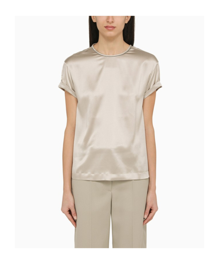 Brunello Cucinelli Elegant Stretch Silk Satin T-shirt With Jewel Accent In Gray
