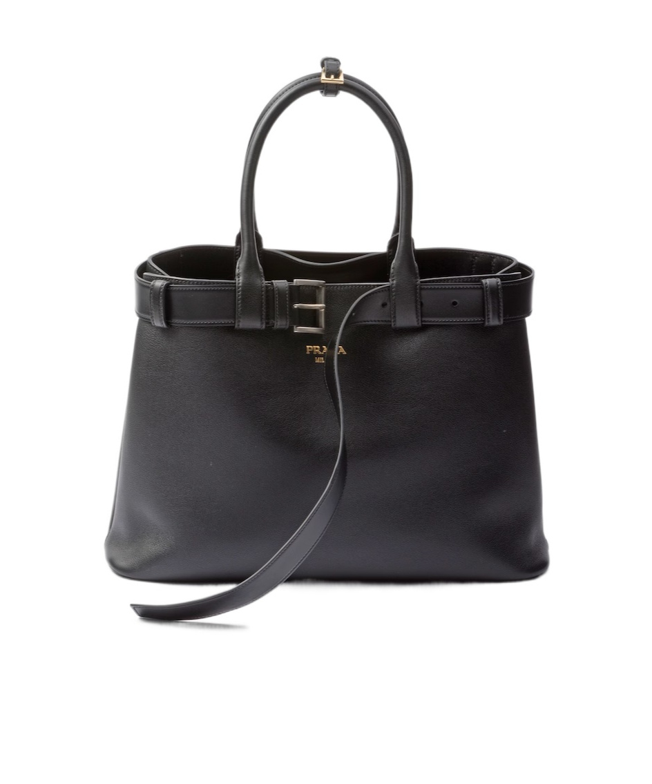 Prada Buckle Large Leather Handbag With Belt In Black