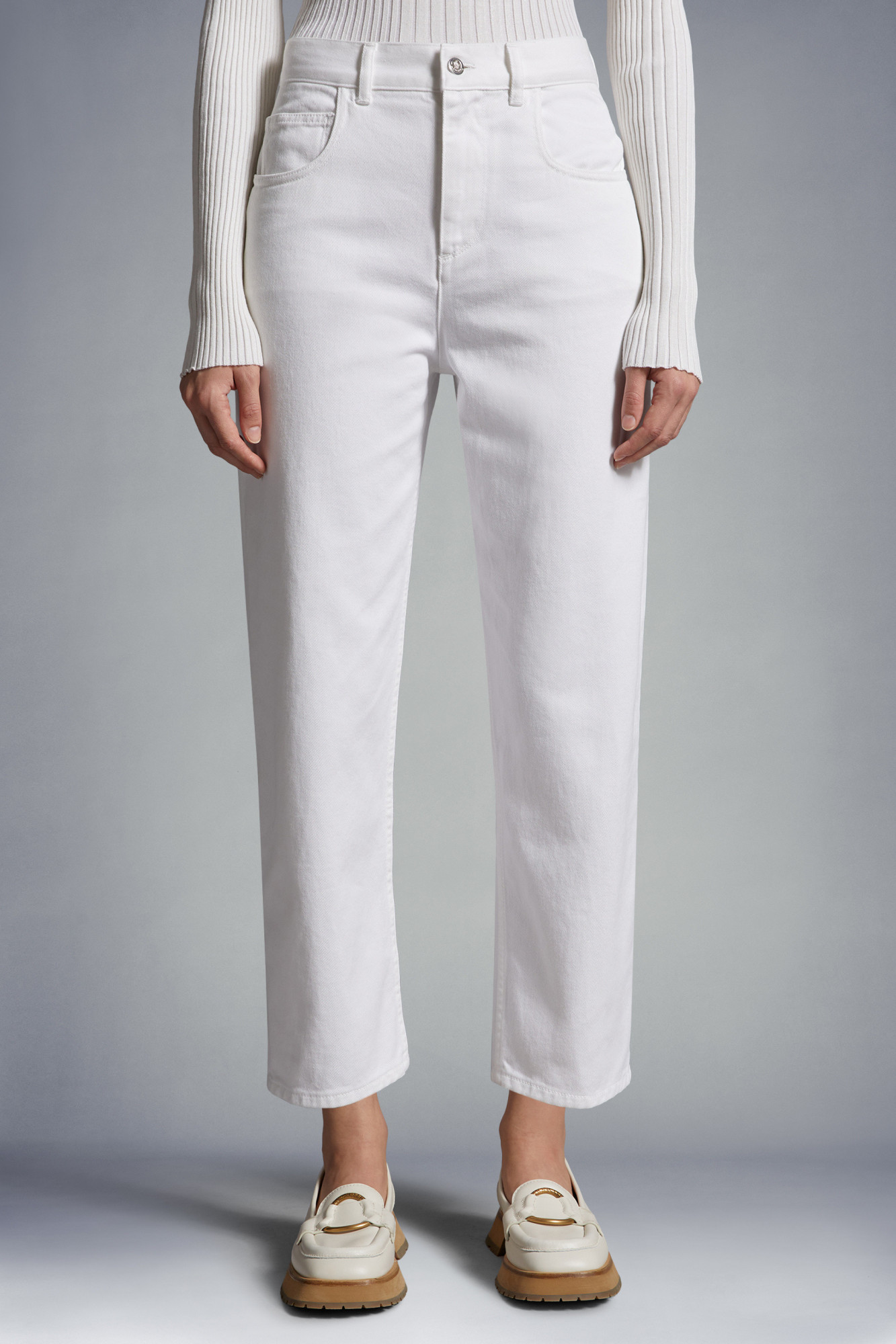 Shop Moncler Cropped Jeans In White