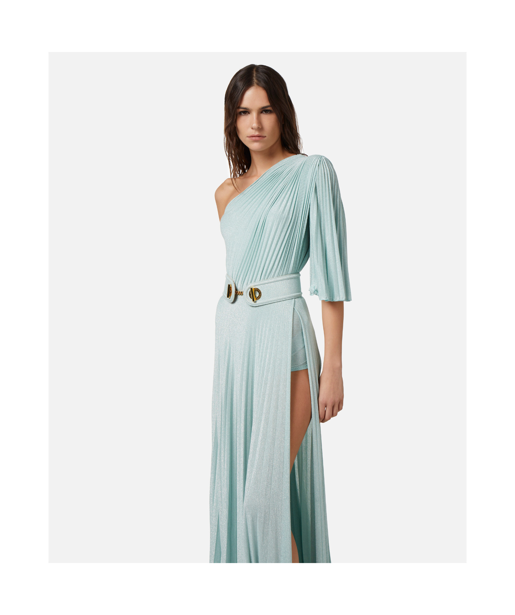 Shop Elisabetta Franchi Asymmetrical Pleated Long Dress