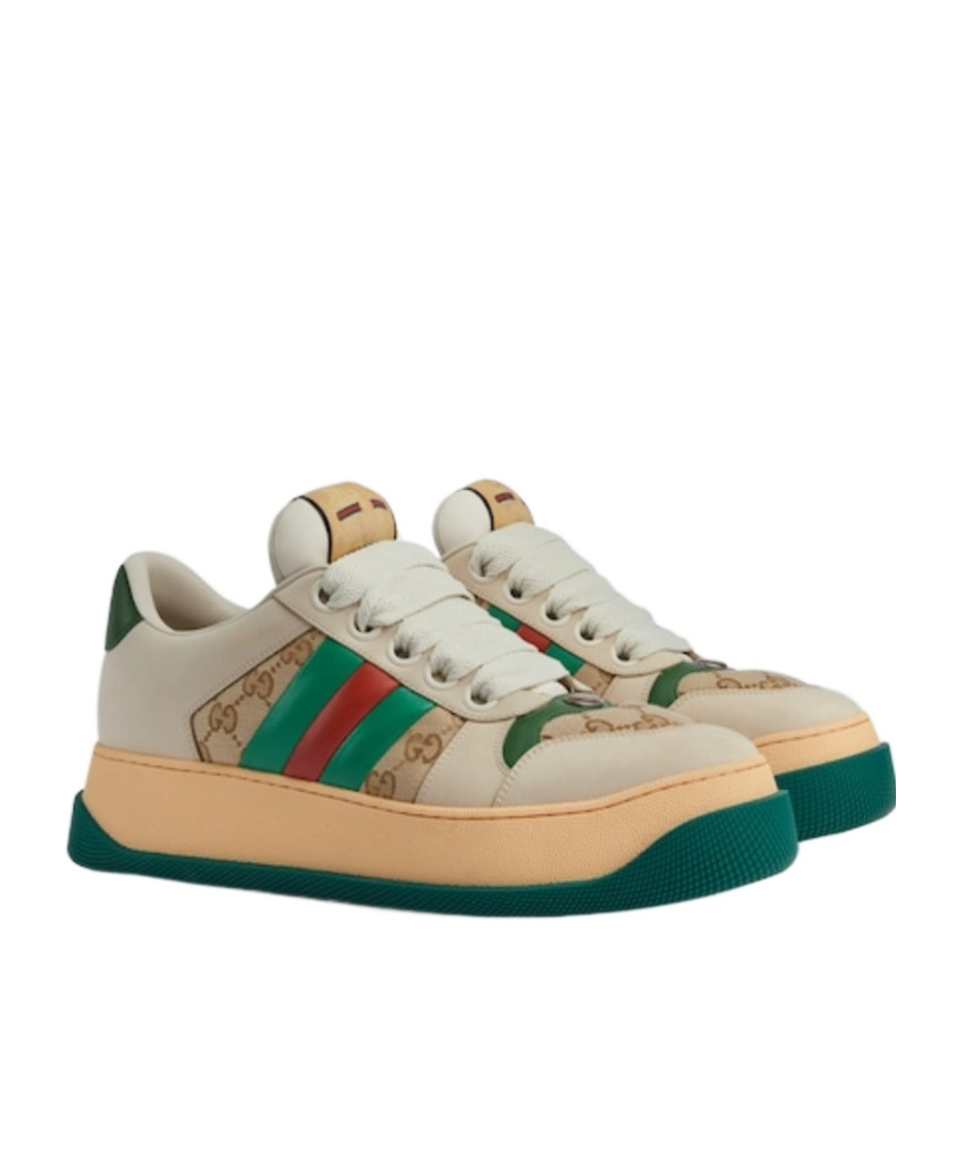 Gucci Gg Original Fabric And Leather Sneakers With Lateral Web Band In Multi