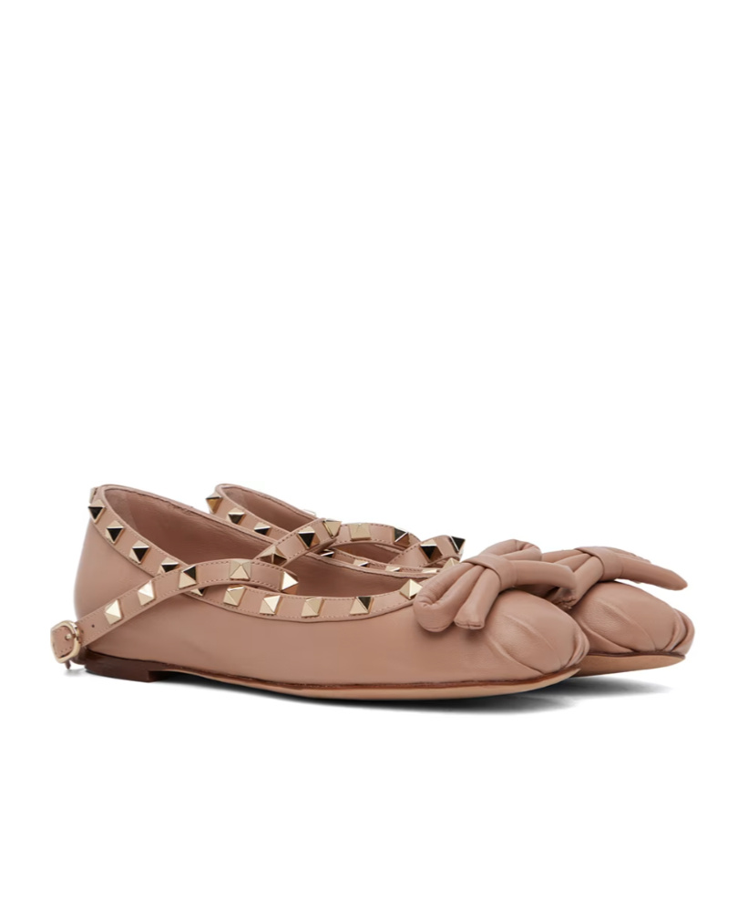Shop Valentino Rockstud Leather Ballerina Shoes In Nude
