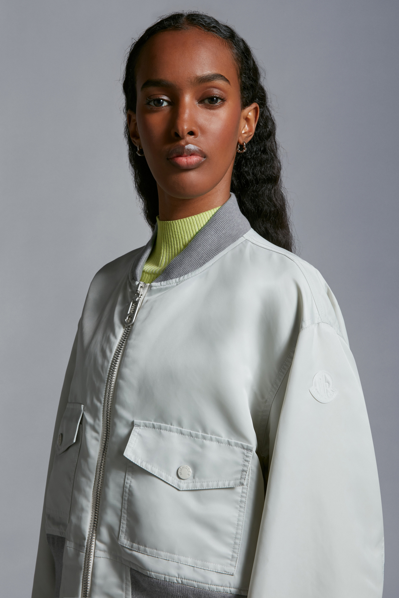 Moncler Briseo Satin Bomber Jacket In Gray