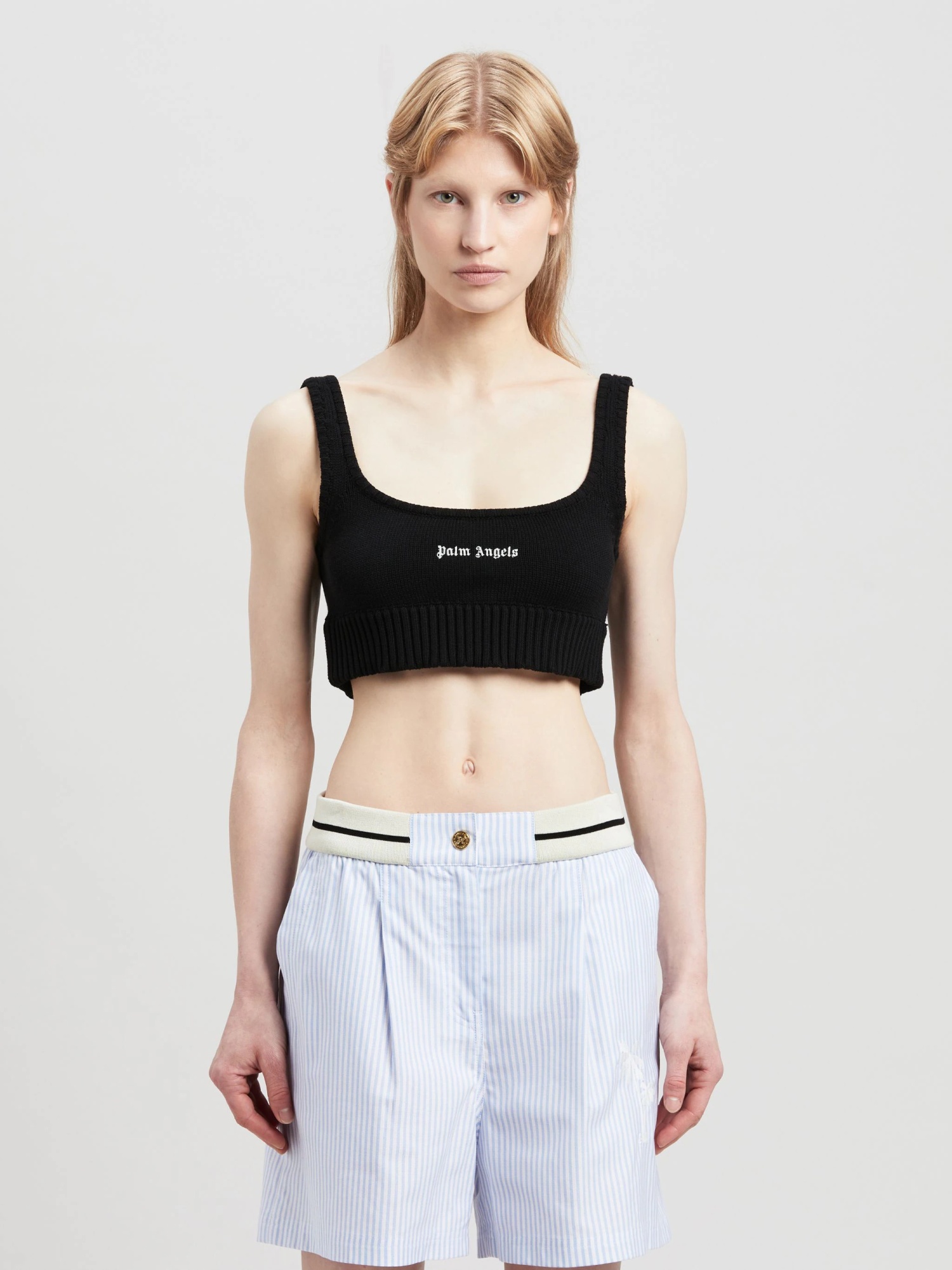 Palm Angels Logo Embroidered Cropped Knitted Tank Top In Black