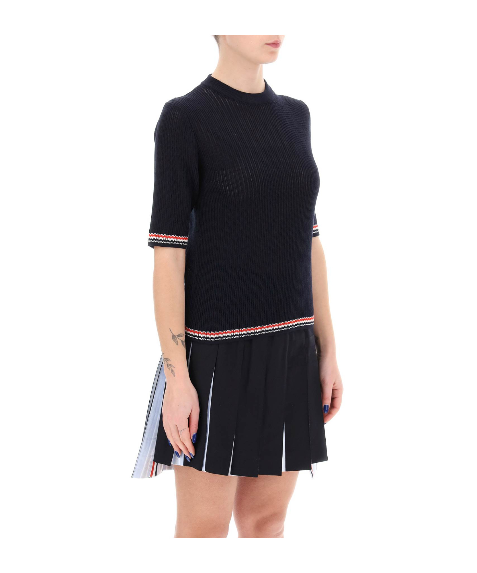 Shop Thom Browne Rwb Stripe Pointelle-knit Top In Black