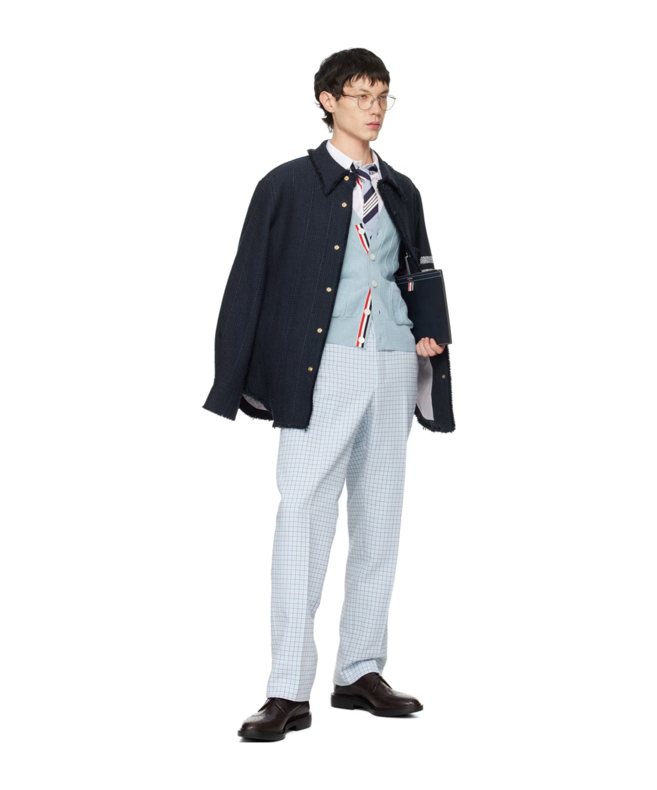 Thom Browne Navy Blue Shirt With Contrasting 4-bar Detail In Black
