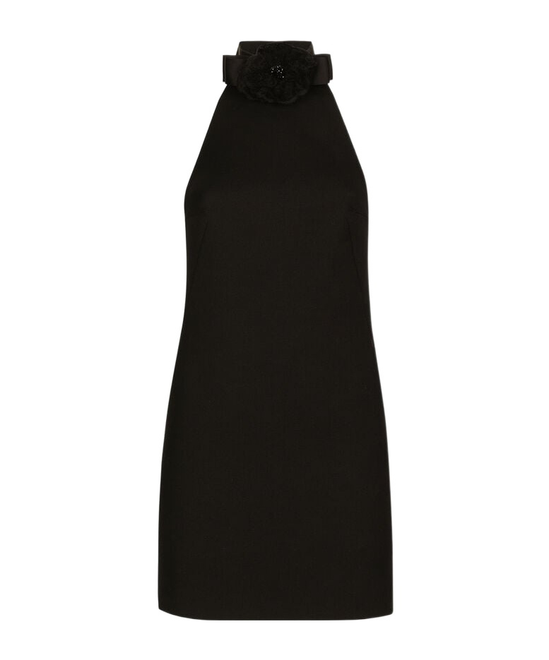 Dolce & Gabbana Black Mini Dress With Floral Detail In Wool Woman In Black