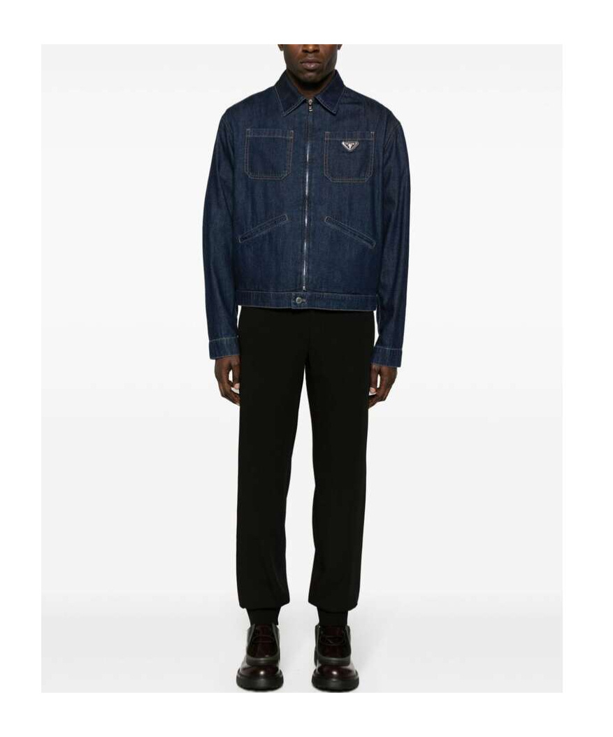 Prada Triangle-patch Zip-up Denim Jacket In Blue