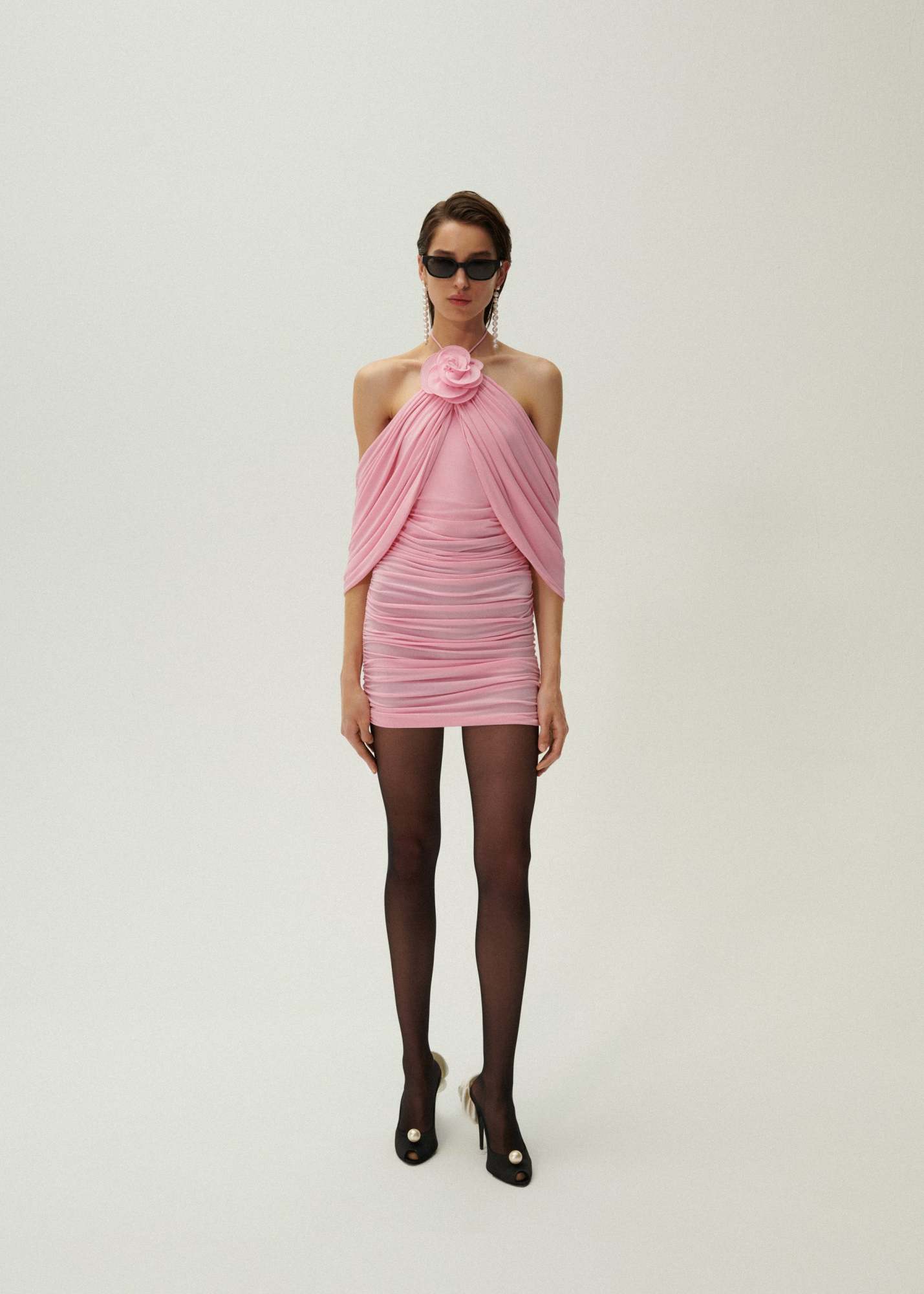 Magda Butrym Mini Pink Dress With Cape And Rose Patch In Stretch Polyamide Woman In Pink
