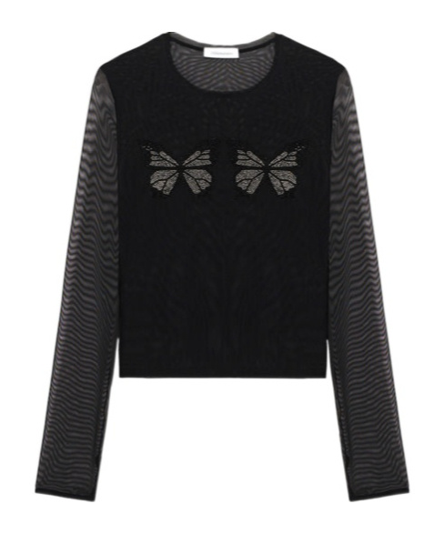 Blumarine Butterfly-embellished Mesh Top In Black