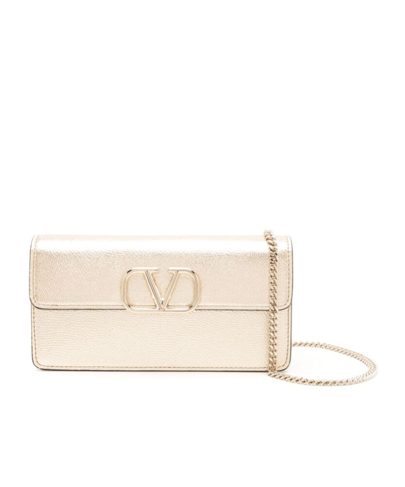 Valentino Vlogo Signature Metallic Leather Wallet On Chain In Nude