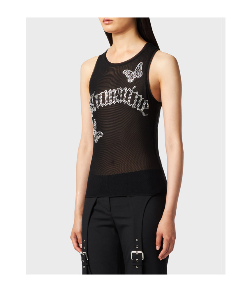 BLUMARINE LOGO-EMBELLISHMENT MESH TANK TOP 