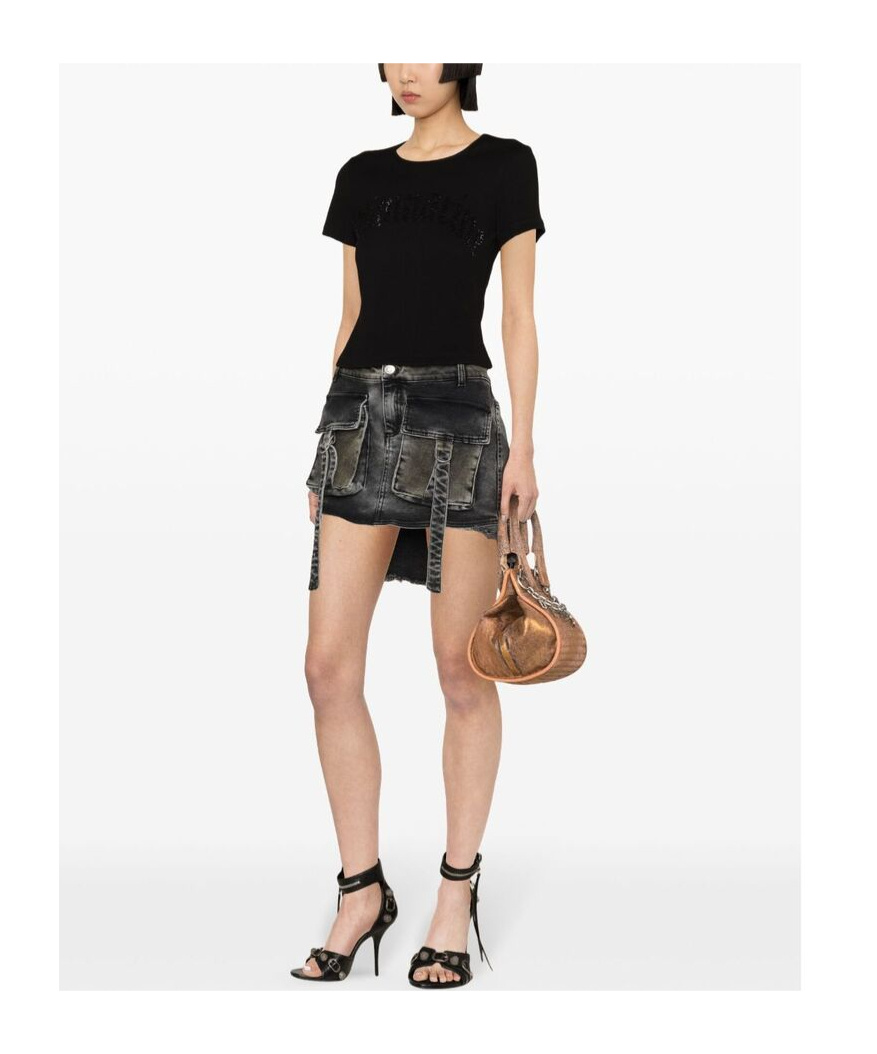Blumarine Women Logo Ribbed Cotton Cropped T-shirt In Black