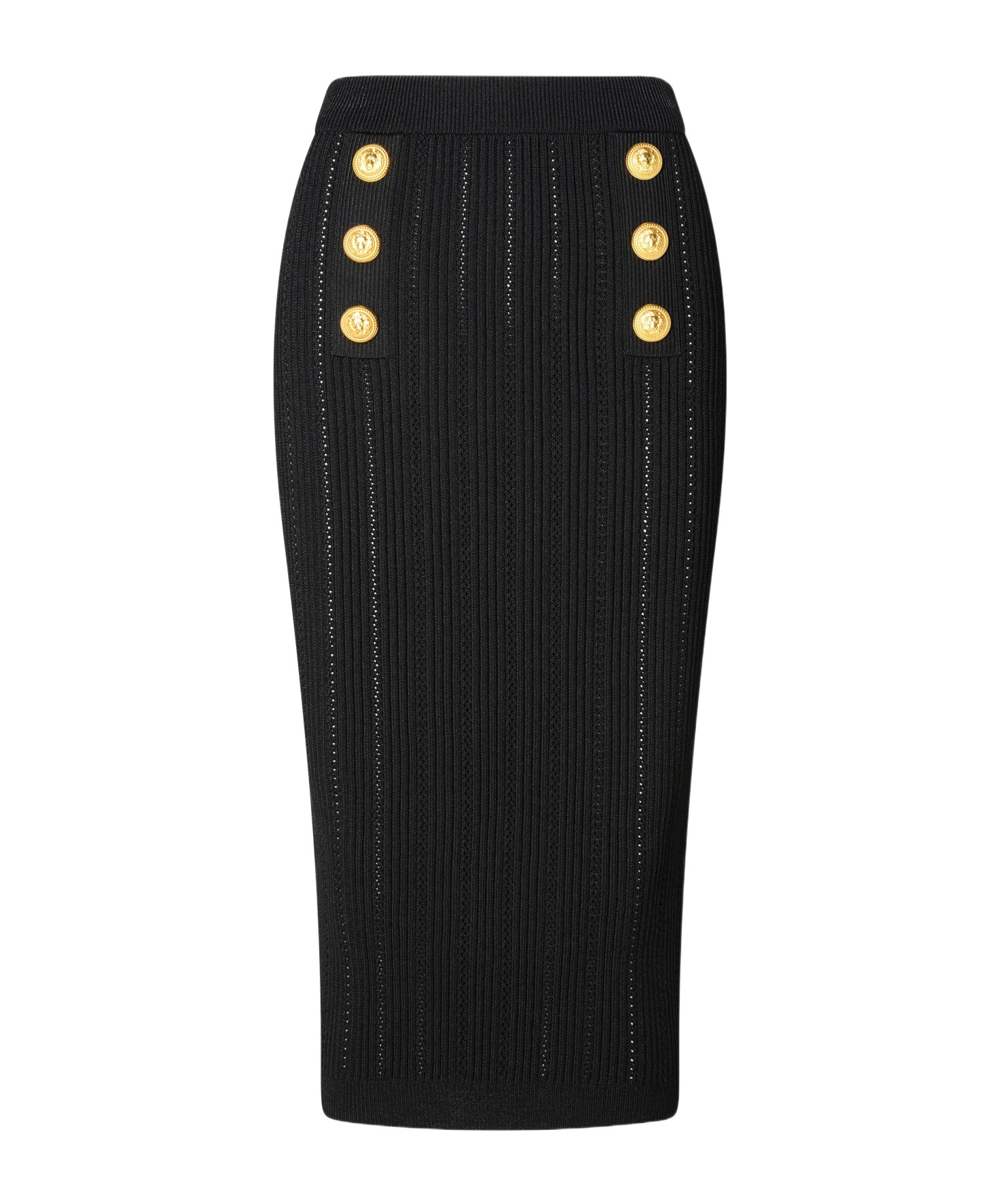 Balmain Decorative-buttons Ribbed Pencil Skirt In Black