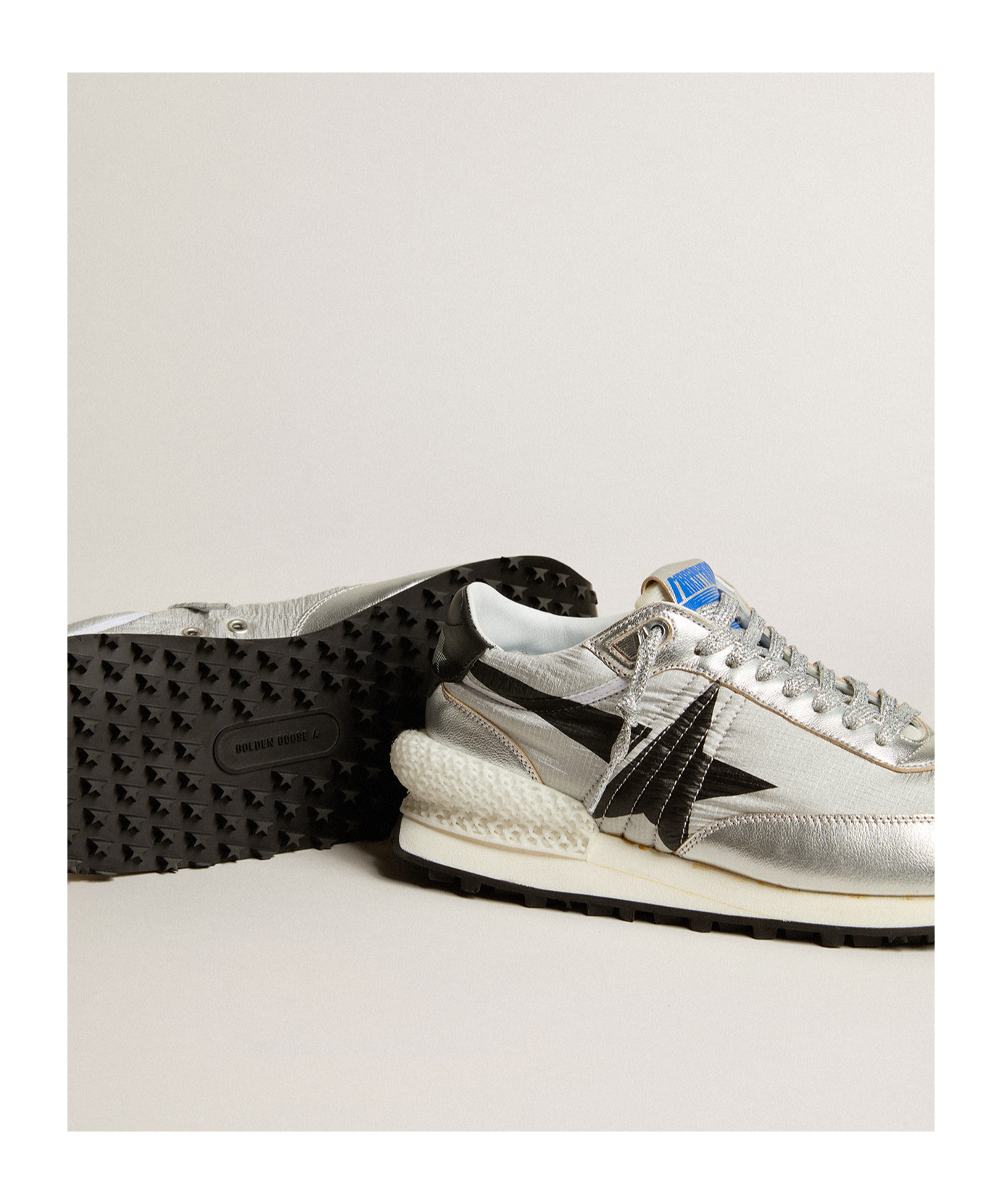 Golden Goose Marathon Nylon Sneakers With Silver Ripstop And Black Star Shoes In White