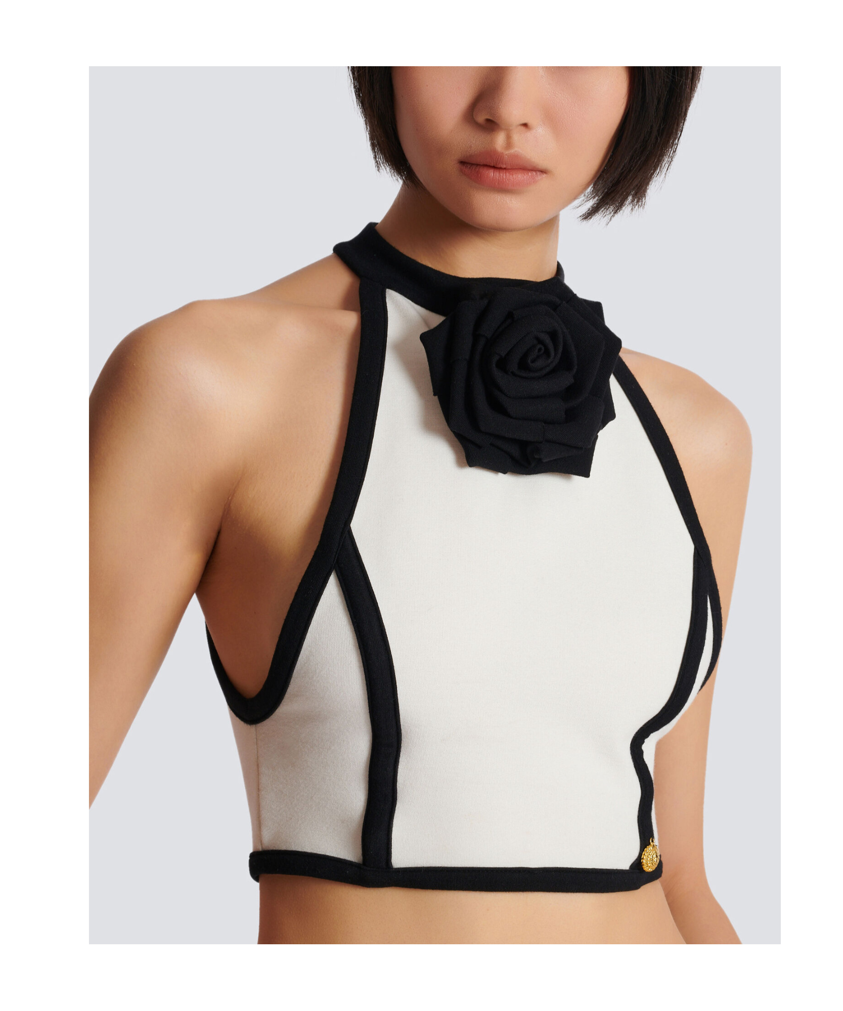 Balmain Rose-appliqué Halterneck Top In Black