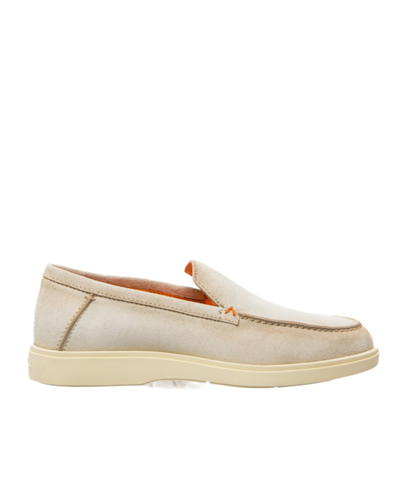 Santoni Loafers With Contrast Stitching And Suede Upper In Nude