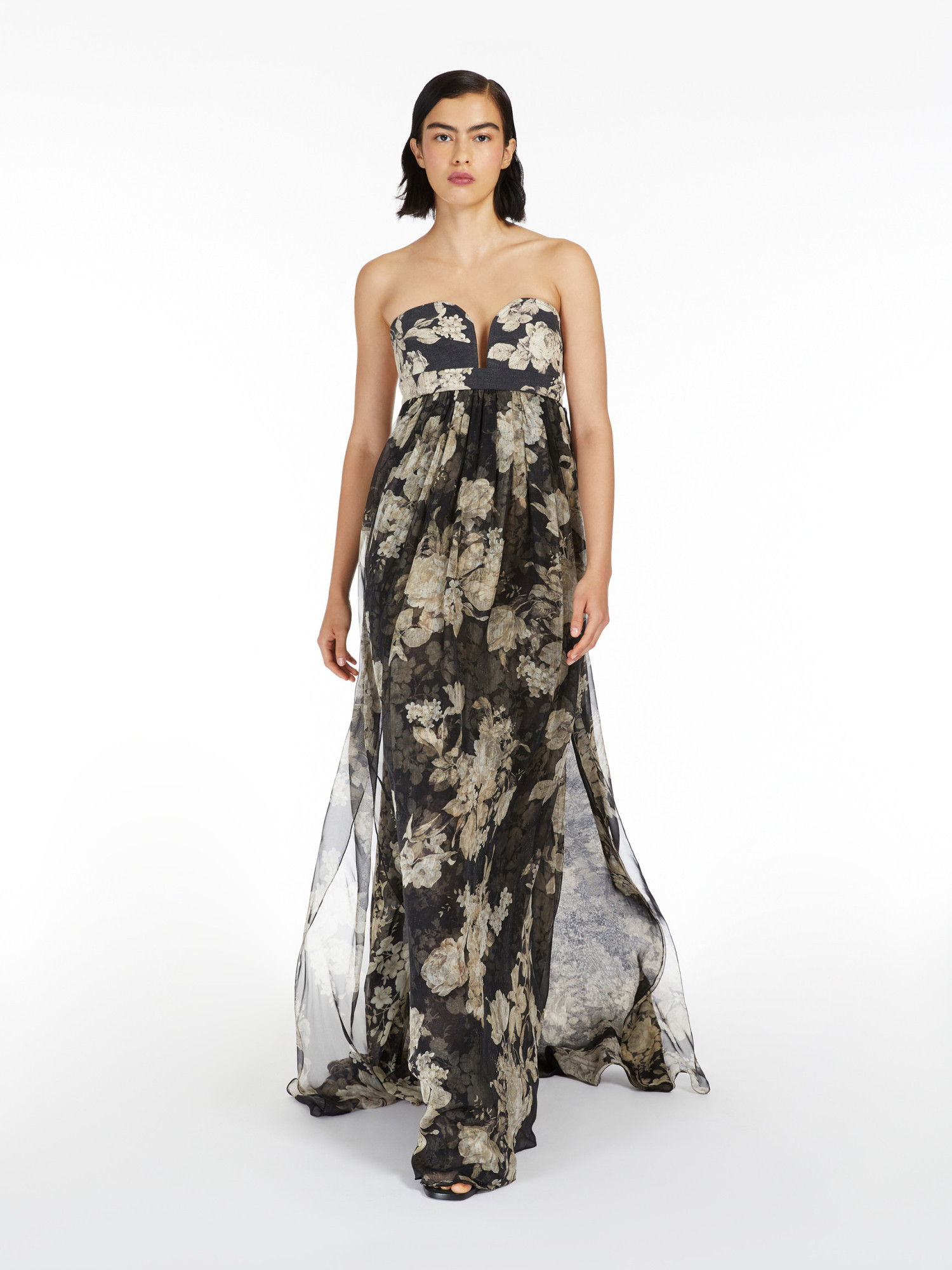 Max Mara Acerbo Strapless Floral Silk-chiffon Gown In Black
