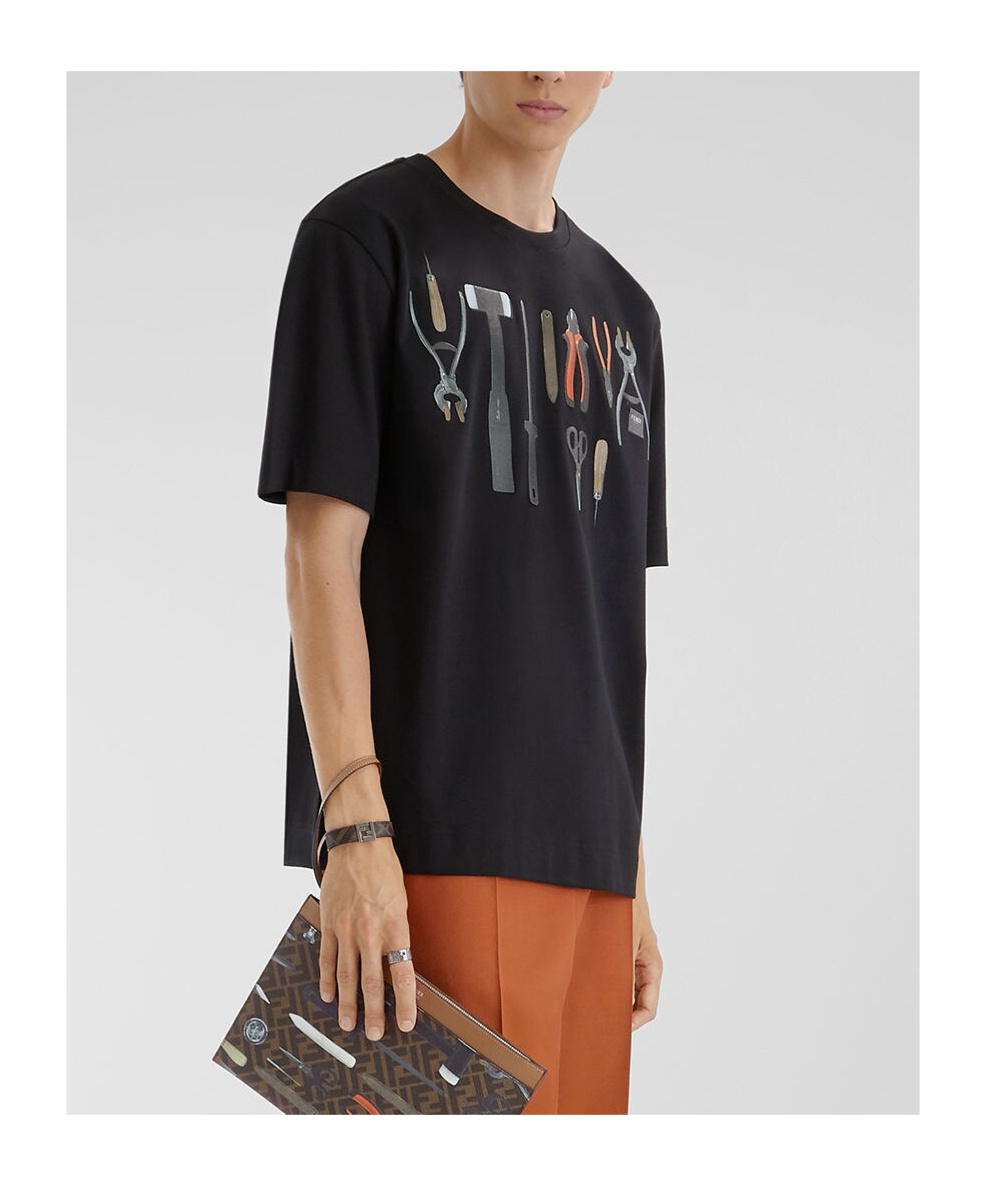Fendi Tool-print Cotton T-shirt In Black