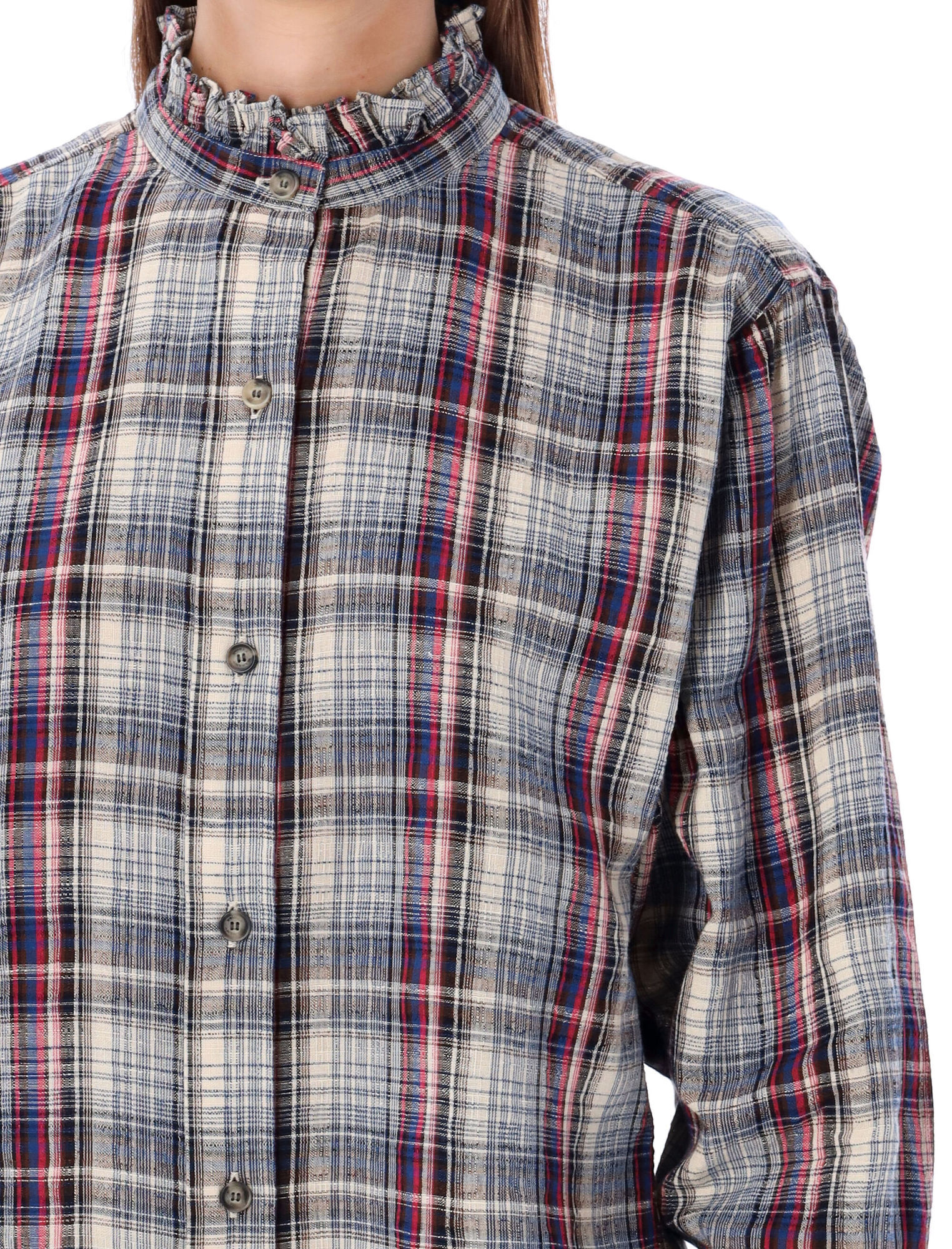 Isabel Marant Frilled-collar Plaid Shirt In Gray