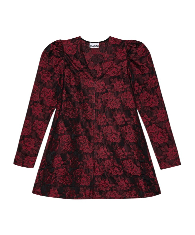Ganni Botanical-print Jacquard Long-sleeve Minidress In Brown