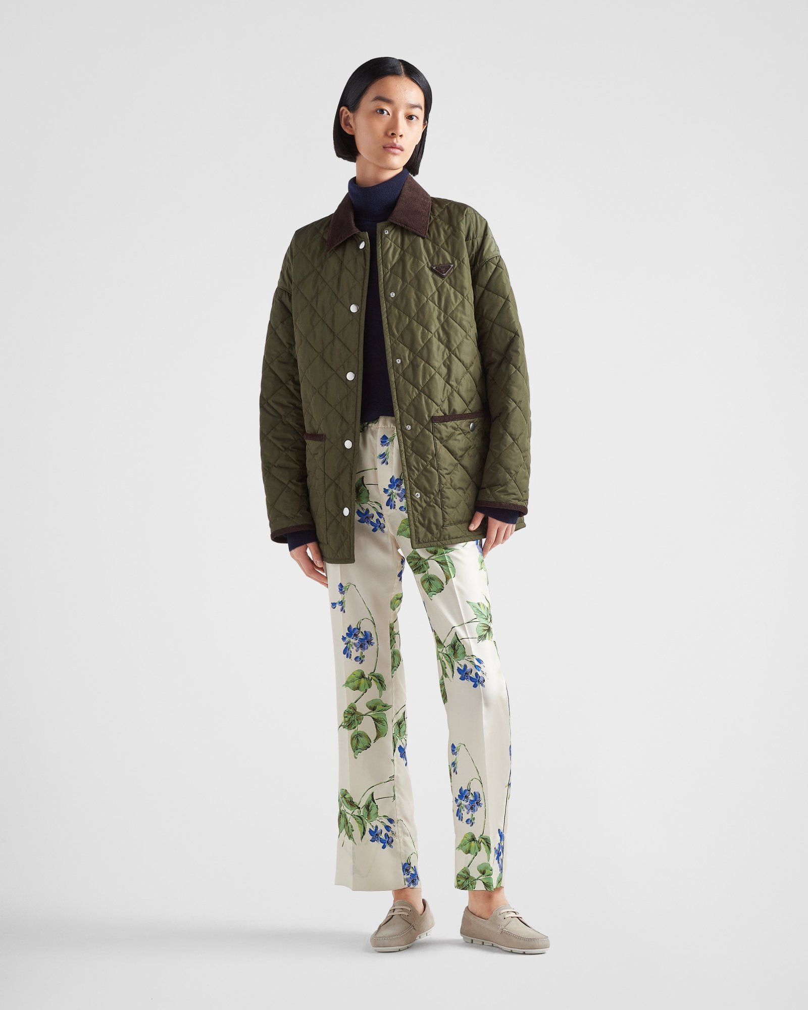 Prada Floral Print Twill Pants In White