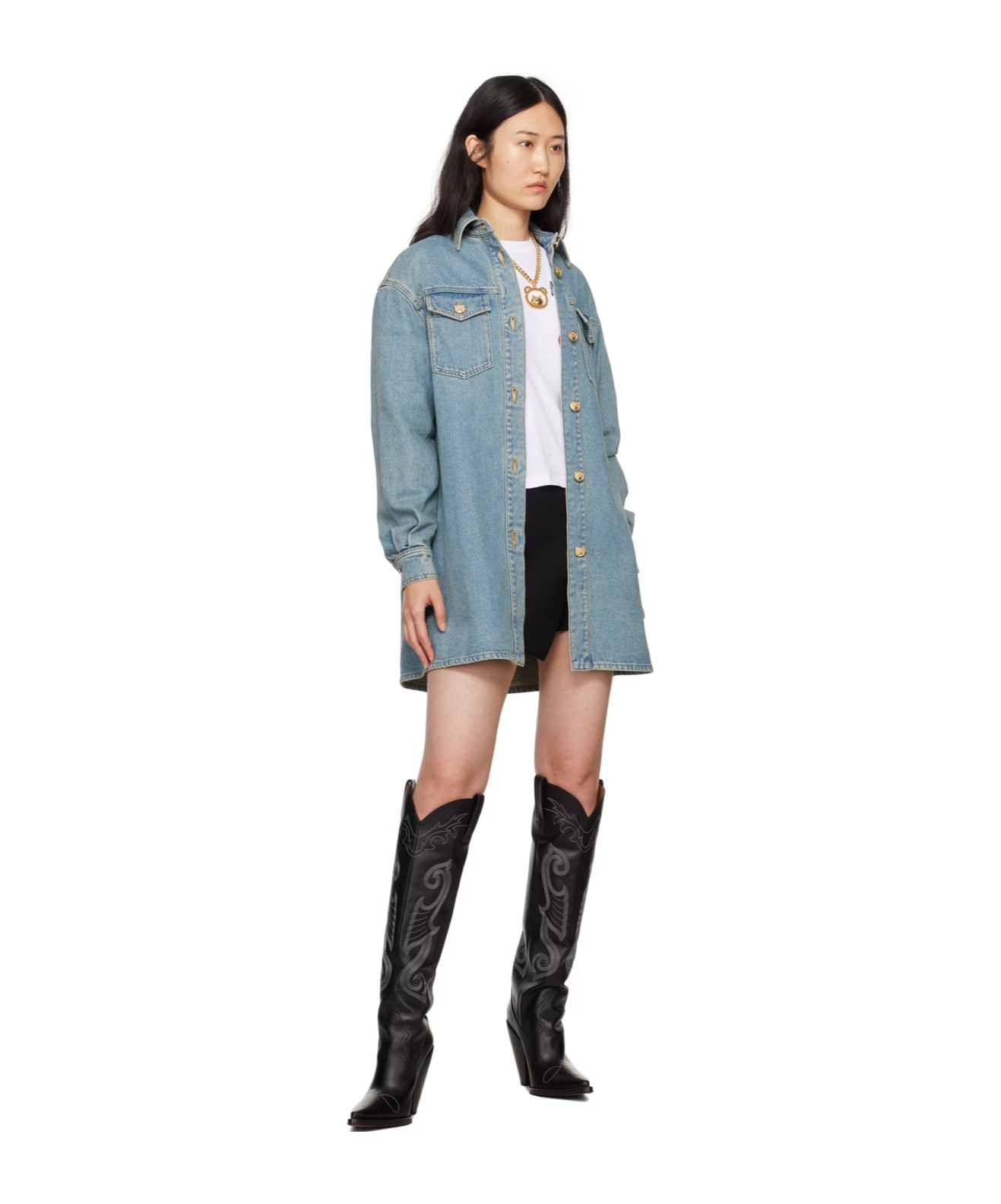 Moschino Blue Teddy Bear Denim Shirt In Blue