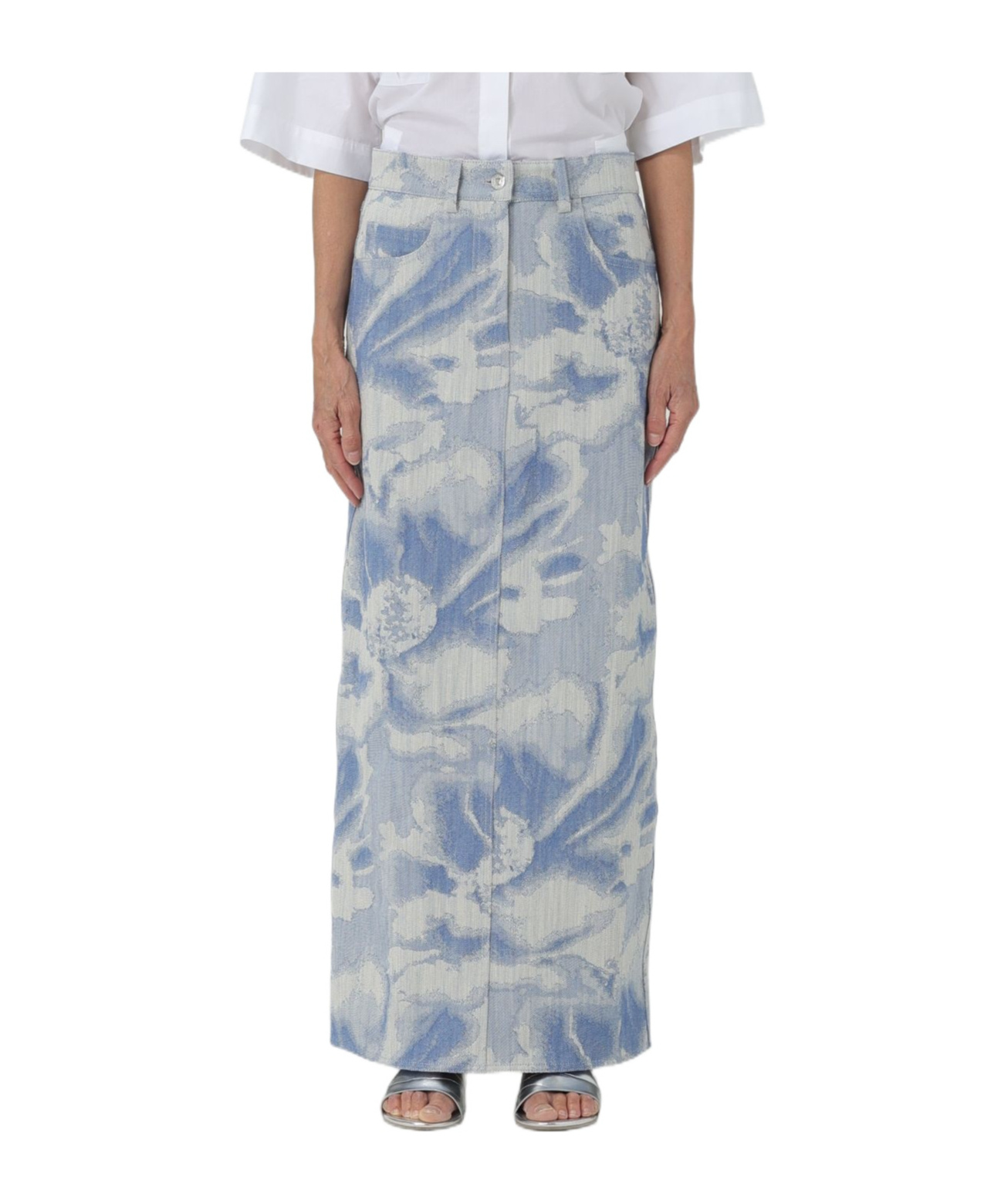 Shop Msgm Pattern-jacquard Denim Maxi Skirt In Gray
