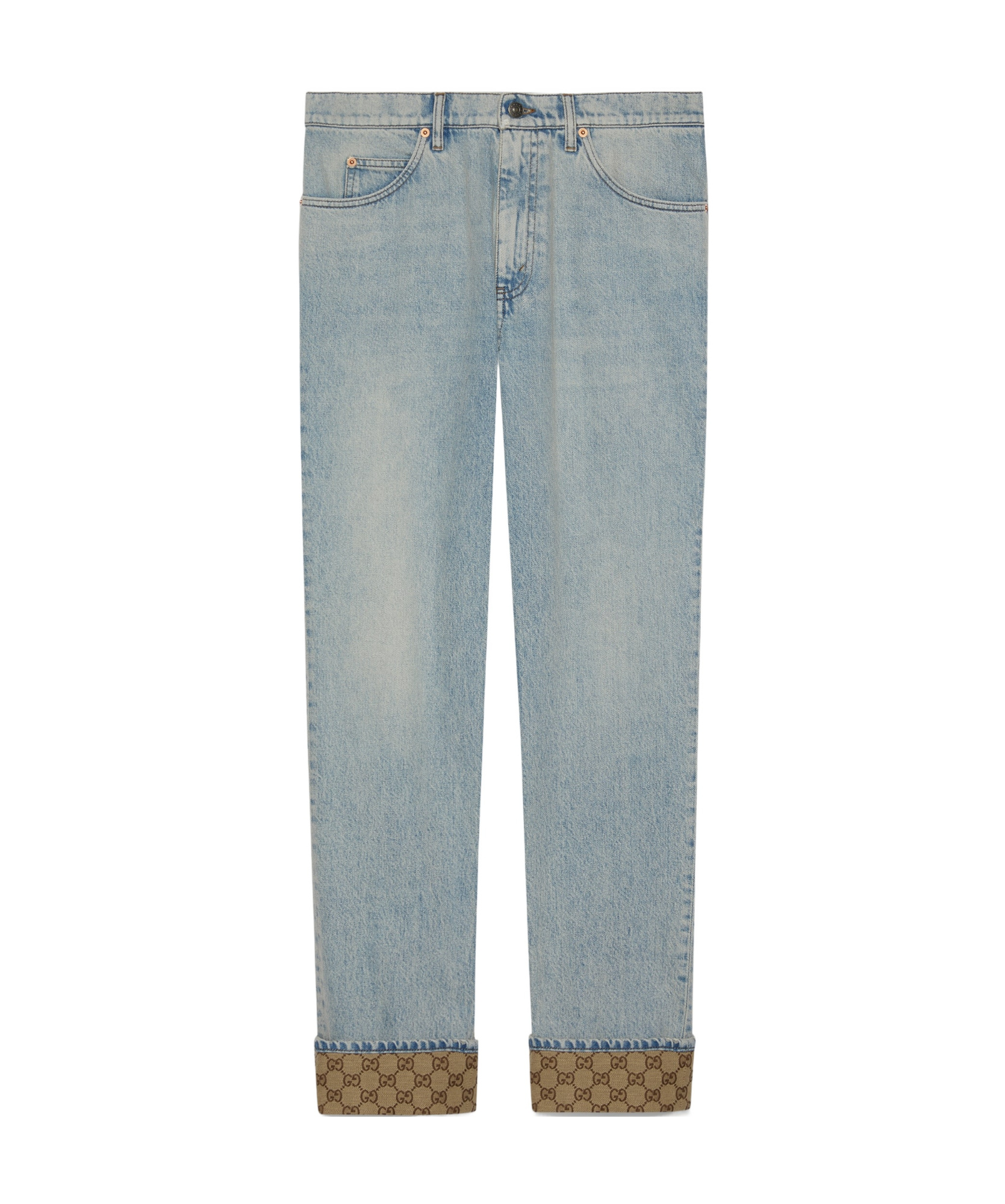Gucci Washed Denim Pant With Gg Turn Ups In Blue