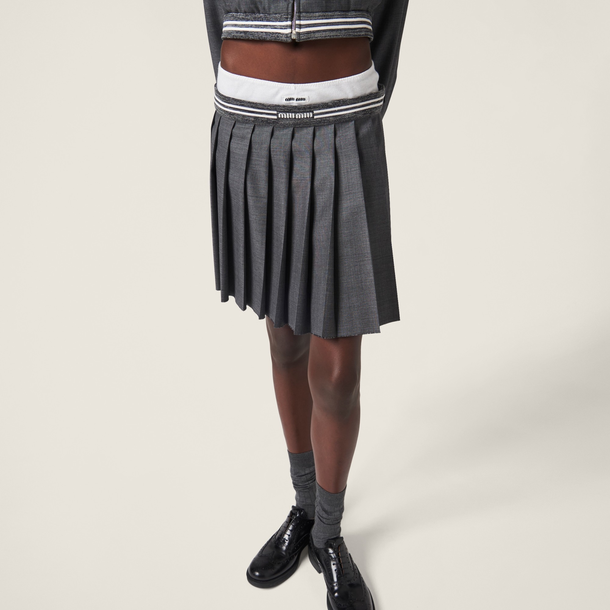 Miu Miu Gray Grisaille Pleated Miniskirt In Gray