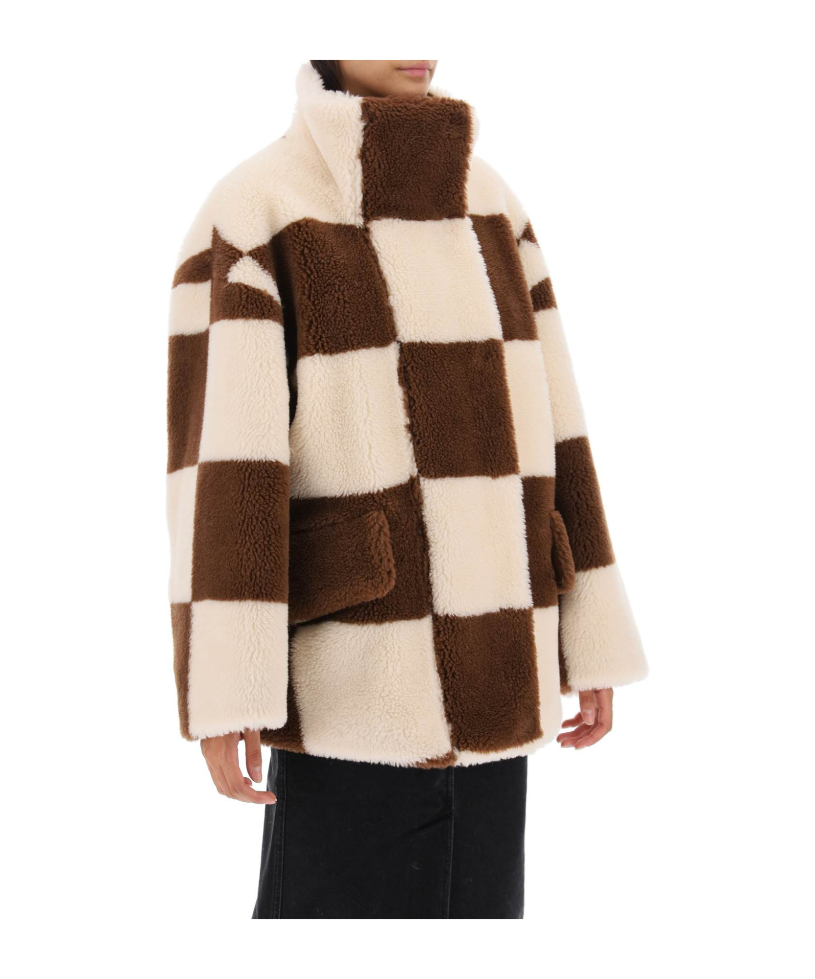 STAND STUDIO DANI CHECKERBOARD-PATTERN FAUX-FUR JACKET