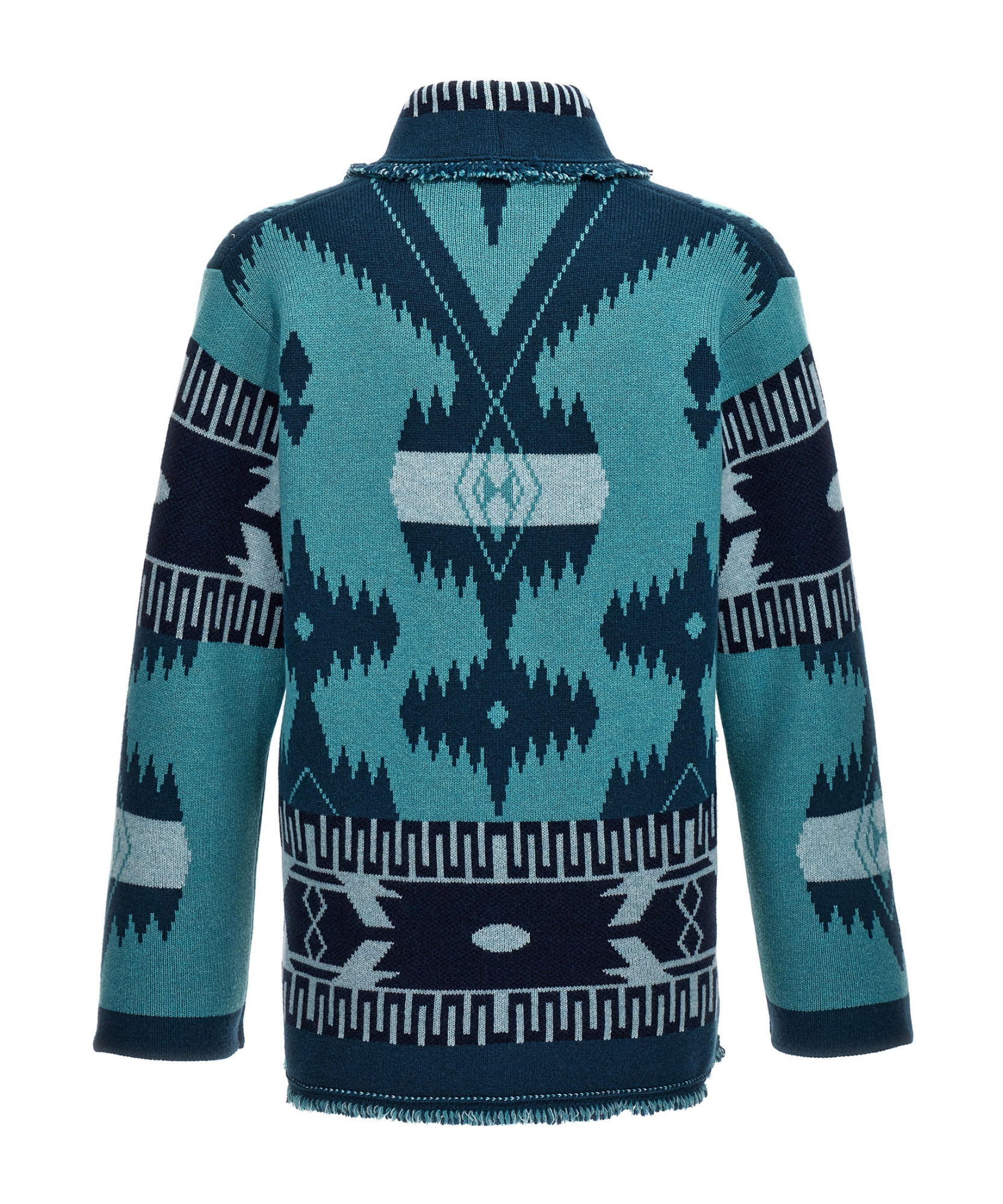Alanui Jacquard Shawl Collar Fringed Cardigan In Blue