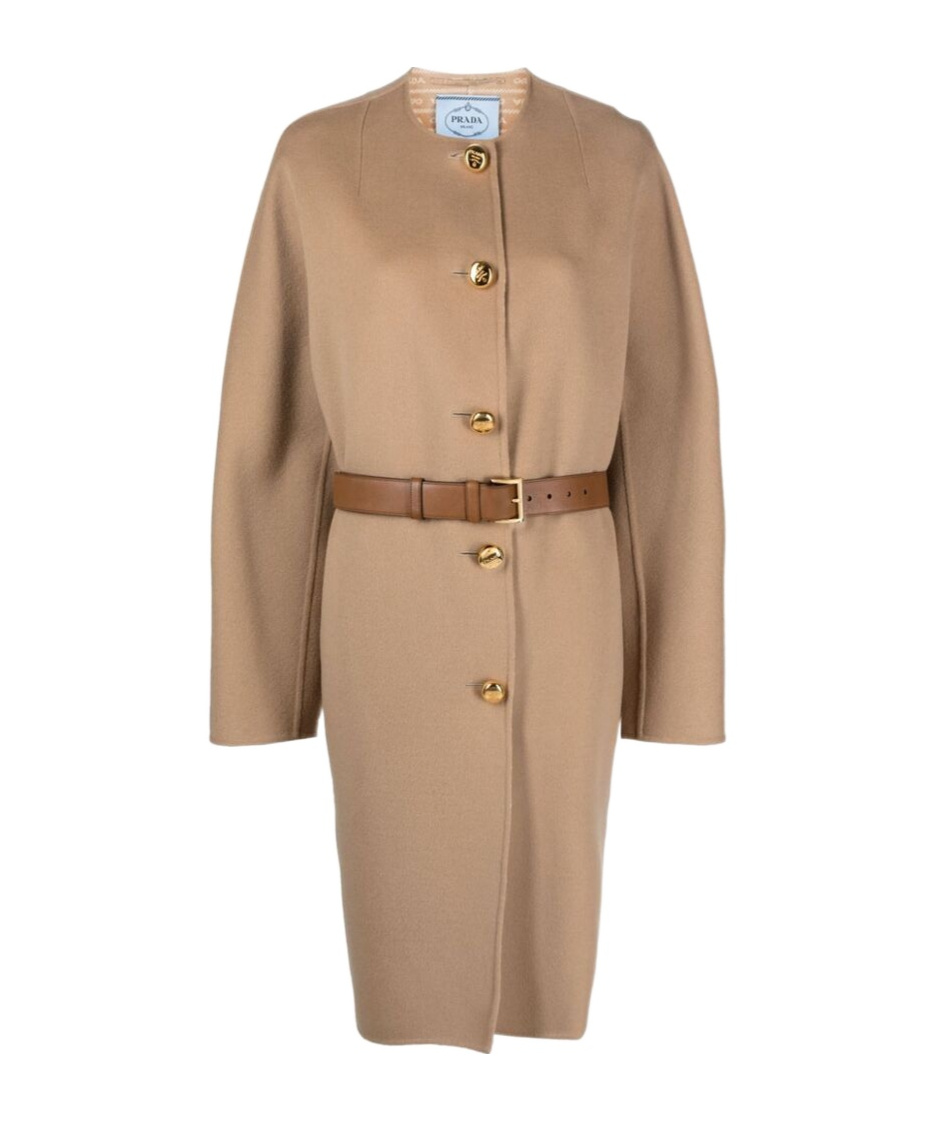 Prada Single-breasted Belted Coat In Neutral
