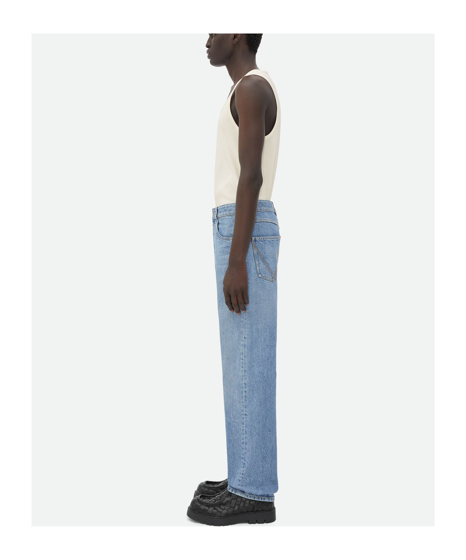 Bottega Veneta Straight Leg Denim Trousers Green Patch In Blue