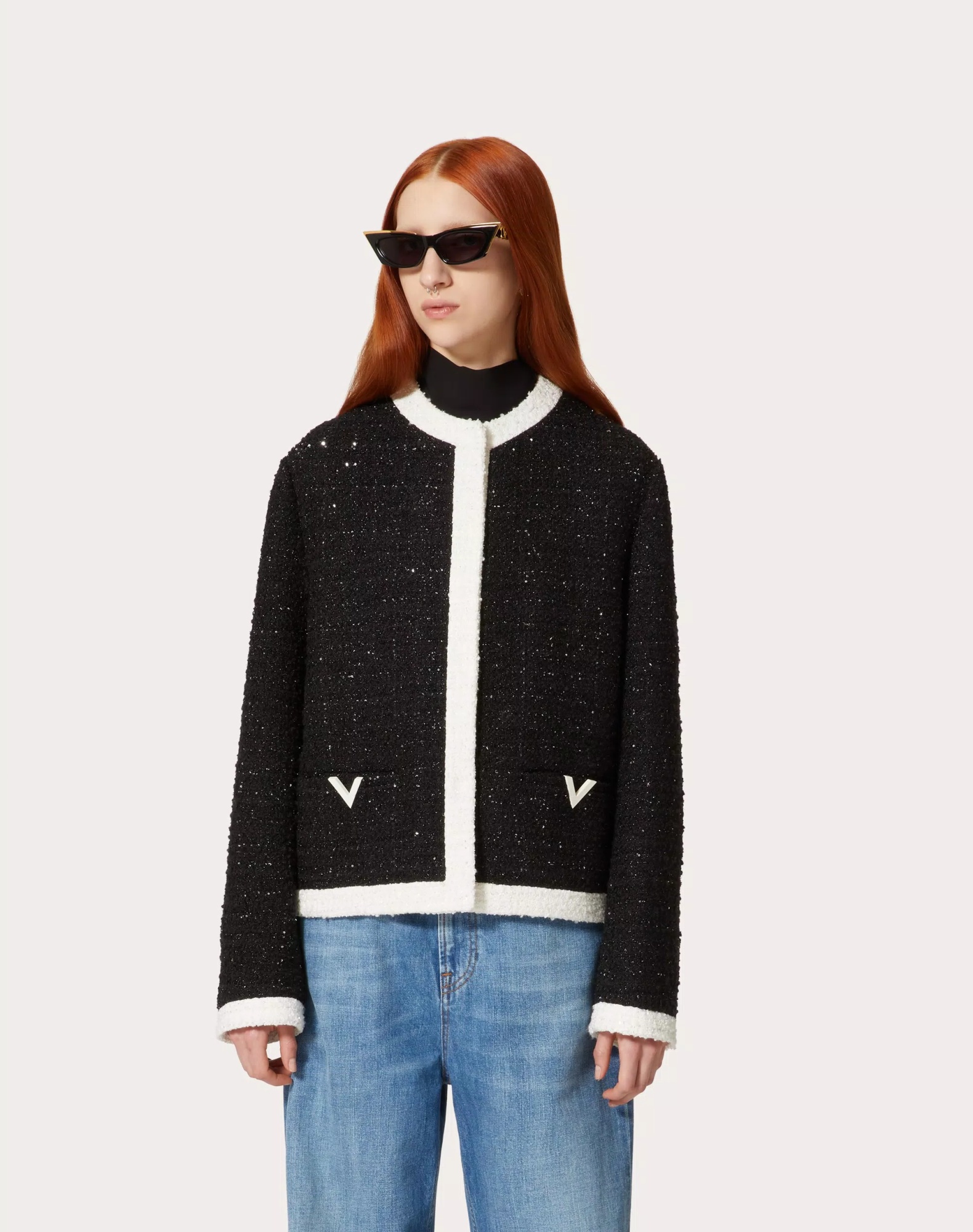 Valentino Sequined Glaze Tweed Jacket In Black
