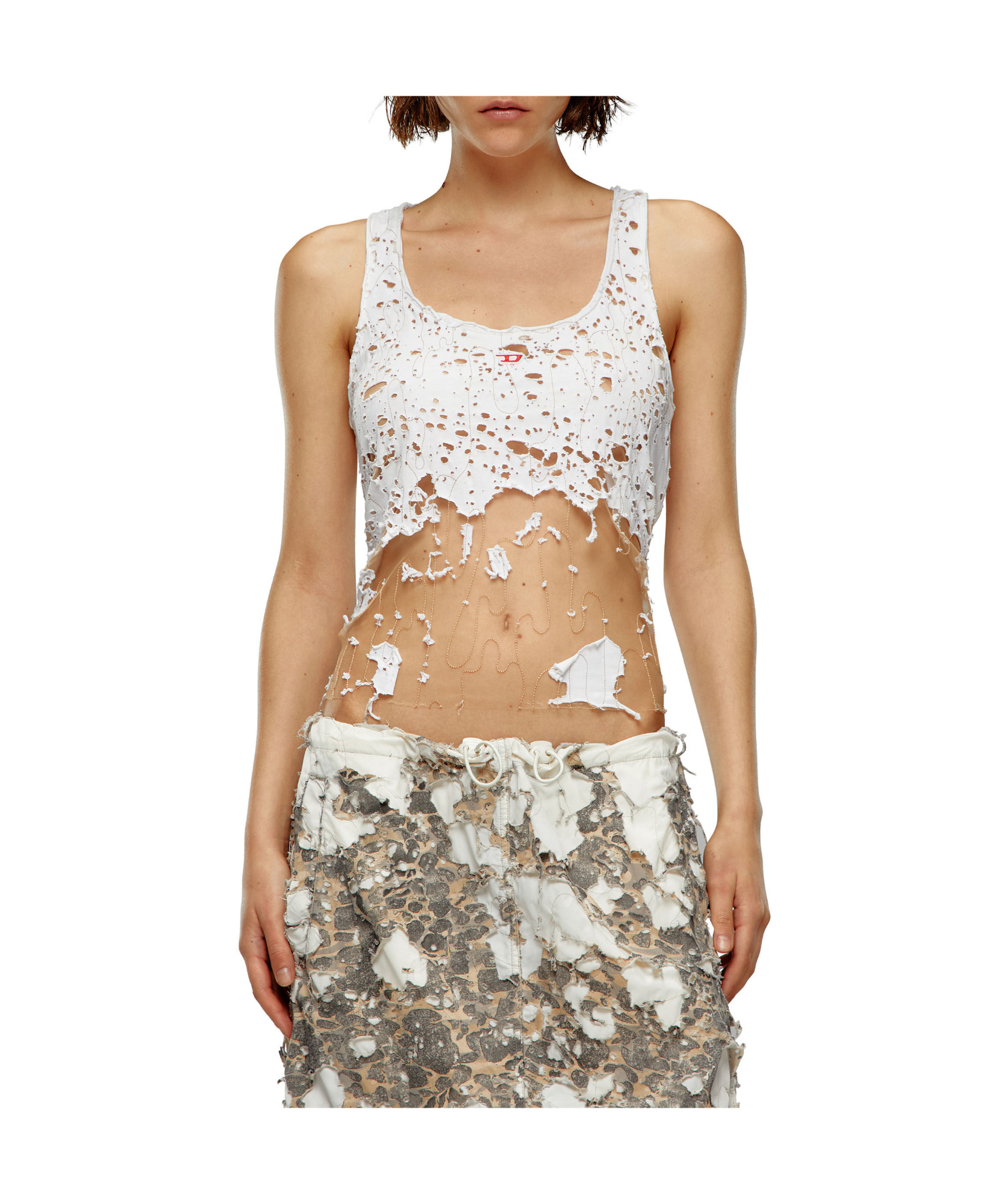 Diesel Tulle Tank Top With Destroyed Jersey In White