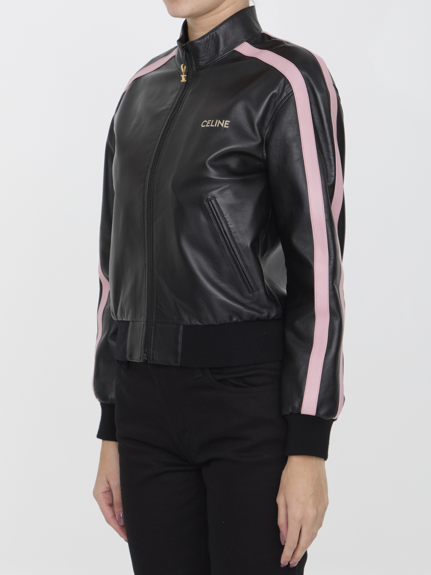 Celine Long-sleeved Leather Jacket In Black