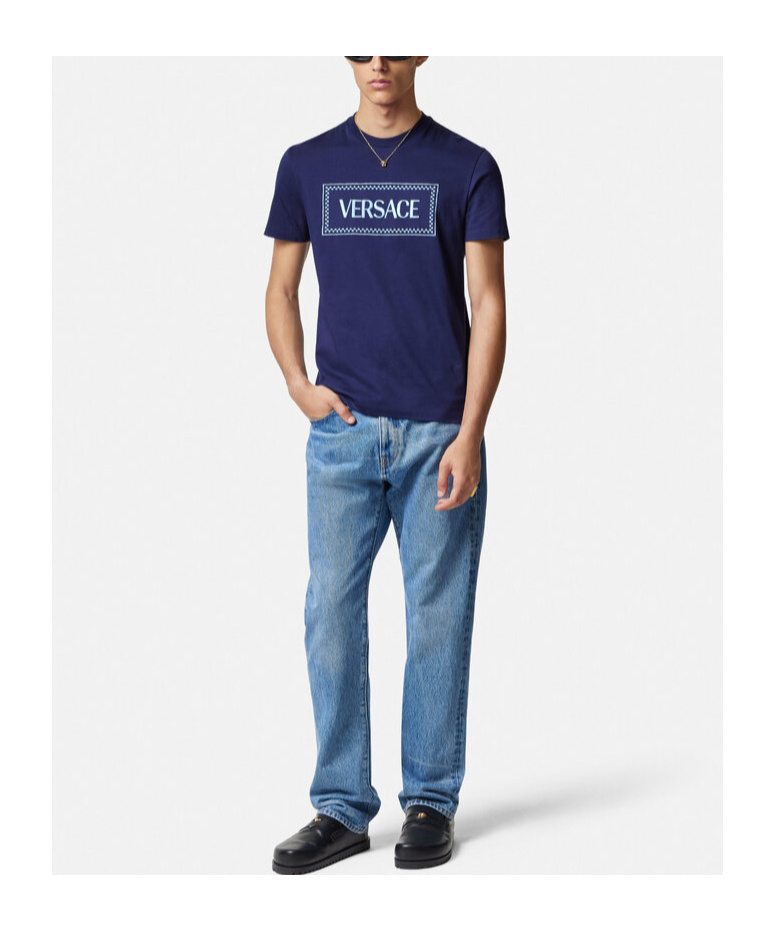 Versace Logo-print Cotton T-shirt In Blue